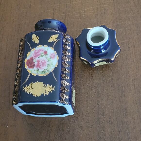 Vintage Limoges France Cobalt Blue Porcelain Jar 6” Tall Gold Gilt - Picture 11 of 13